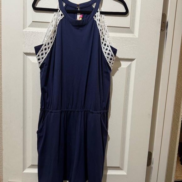 Lilly Pulitzer Navy Romper White Piping Size L - Picture 1 of 4